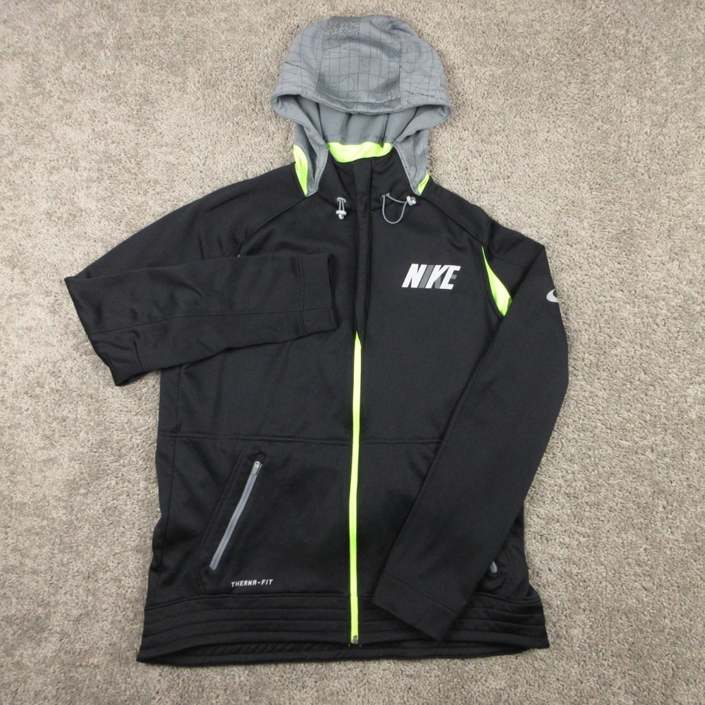 Nike Sweater Mens Large Black Green Thermafit Tech Full Zip Hoodie Sweatshirt
